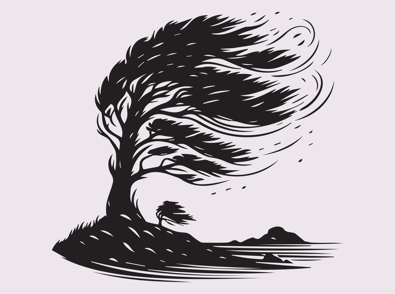 High-Quality Black Silhouette of a Windblown Coastal Tree for Creative Art Projects vector