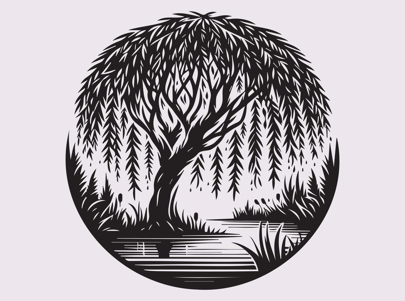 Black Willow Tree Over Pond Silhouette for Unique and Minimalist Creations vector