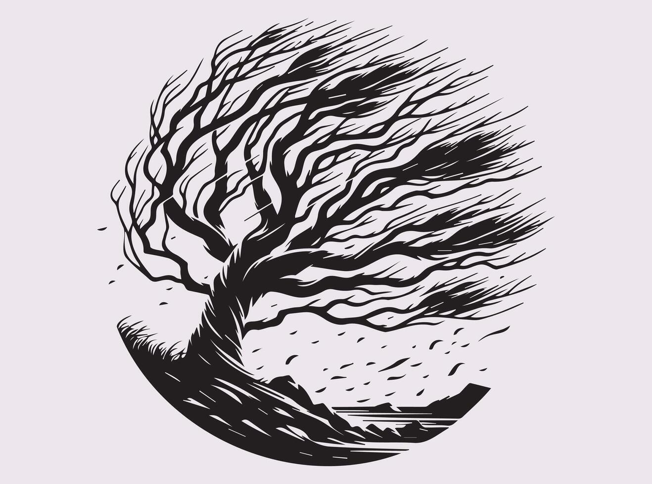 Tranquil Black Silhouette of a Windblown Coastal Tree for Serene and Scenic Designs vector