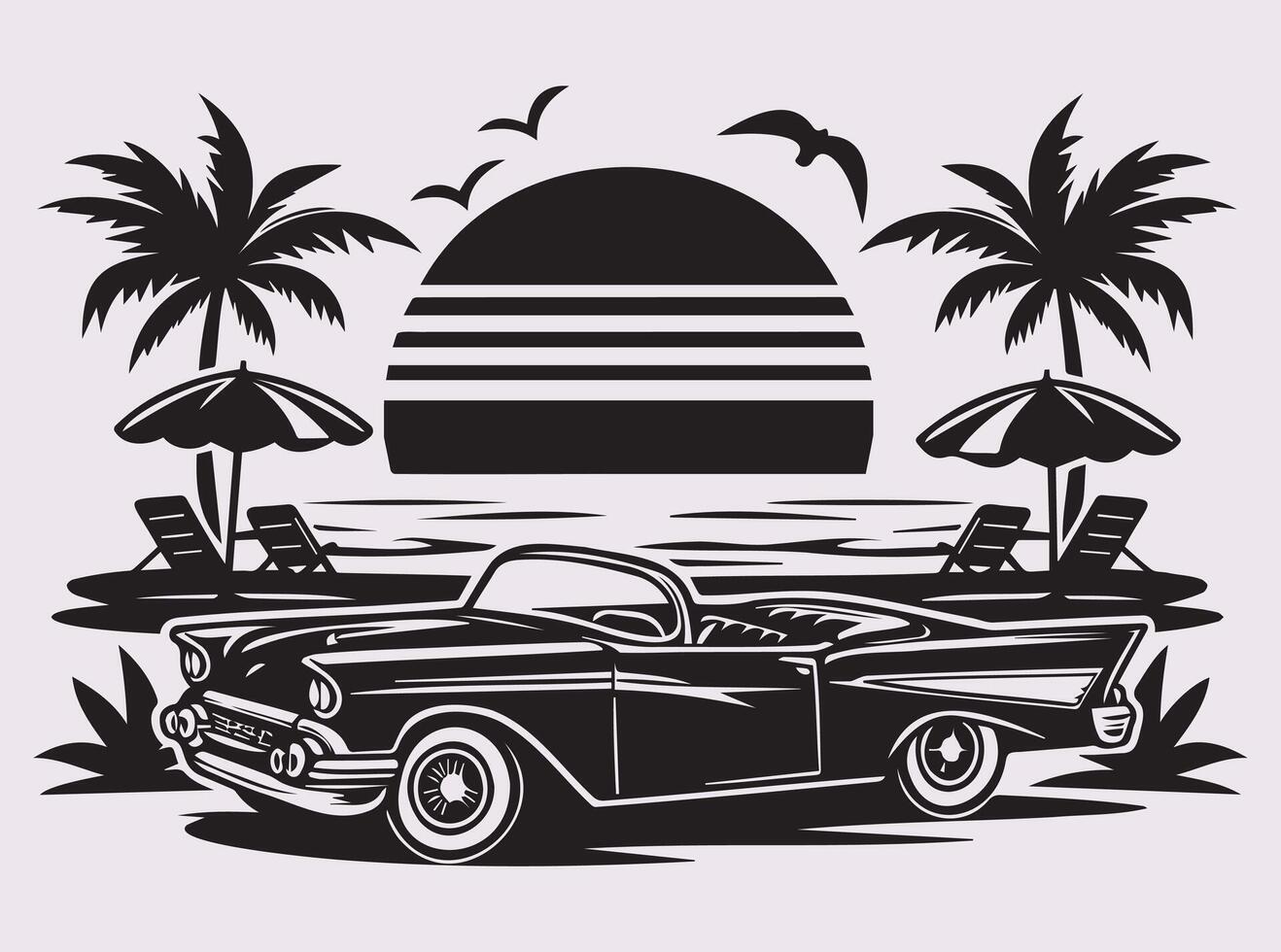 Artistic Retro Beach Classic Car Silhouette for Creative Projects vector