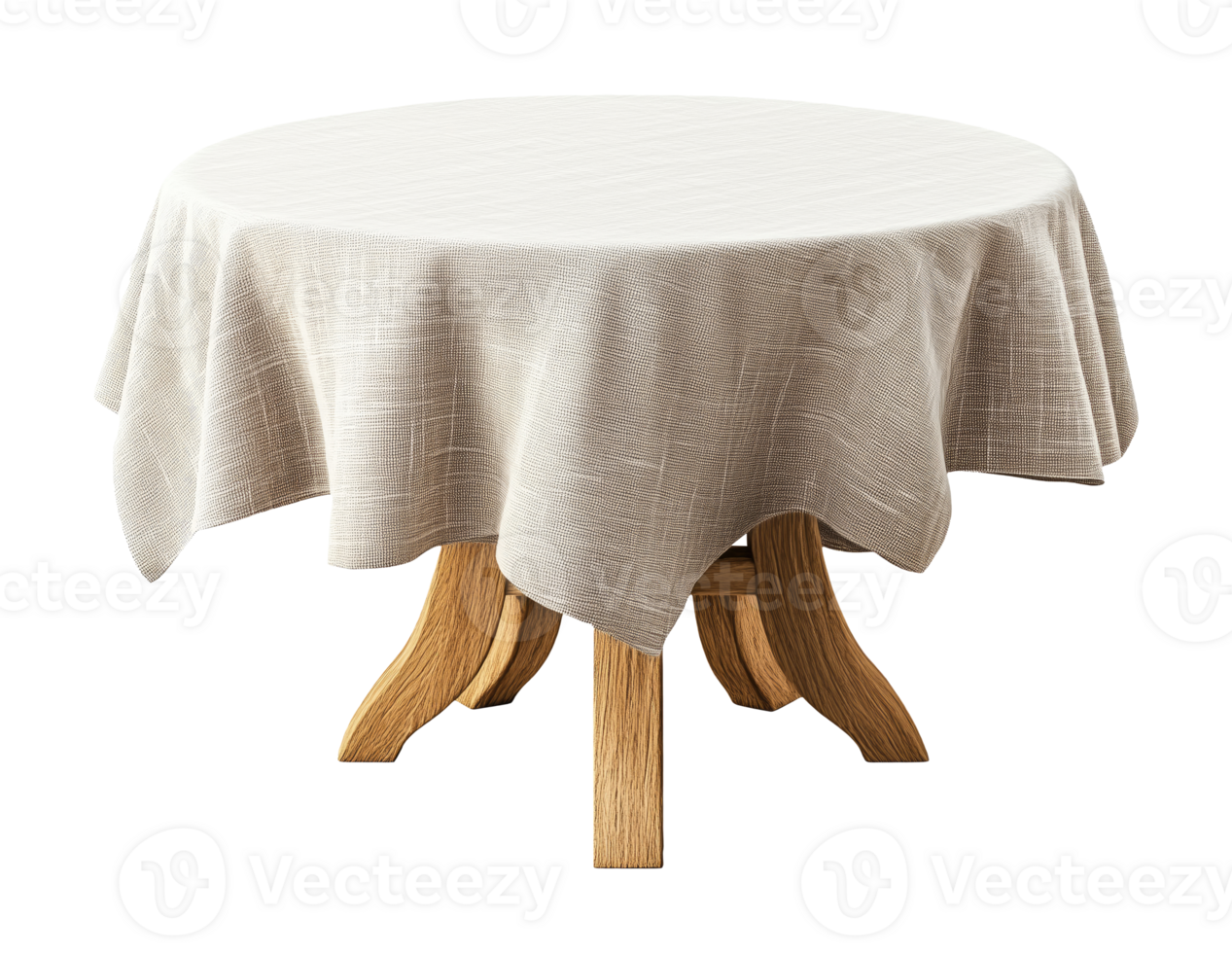 White tablecloth spread out over a round wooden table, isolated on a transparent background png
