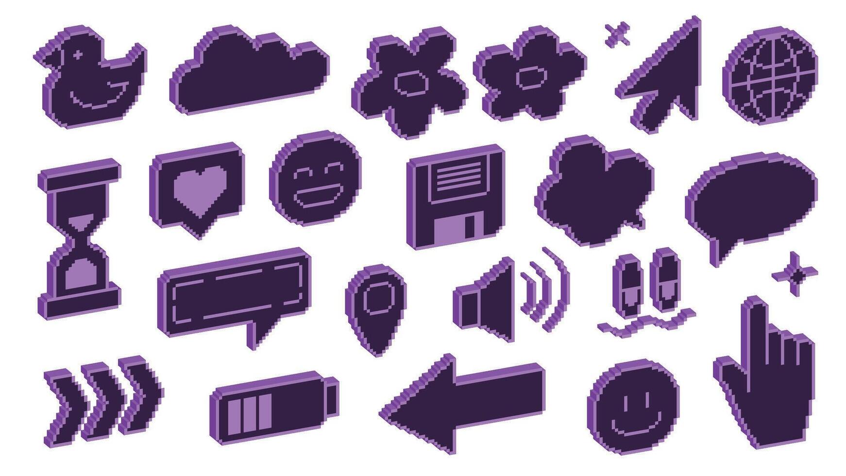 Retro purple pixel art icons - 80s style symbols and emoticons collection. 8byt set of computer icons vector