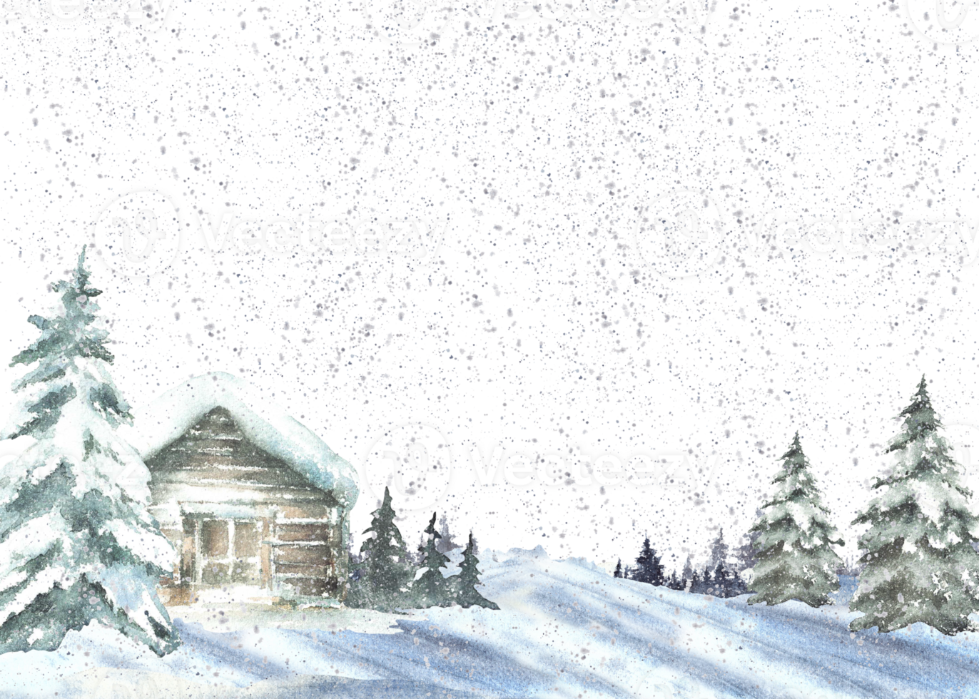 Winter landscape with snow covered house snowy pine tree and snowfall banner. Wooden cabin, chalet surrounded by snowdrifts. Watercolor painted illustration isolated from background for holiday card. png