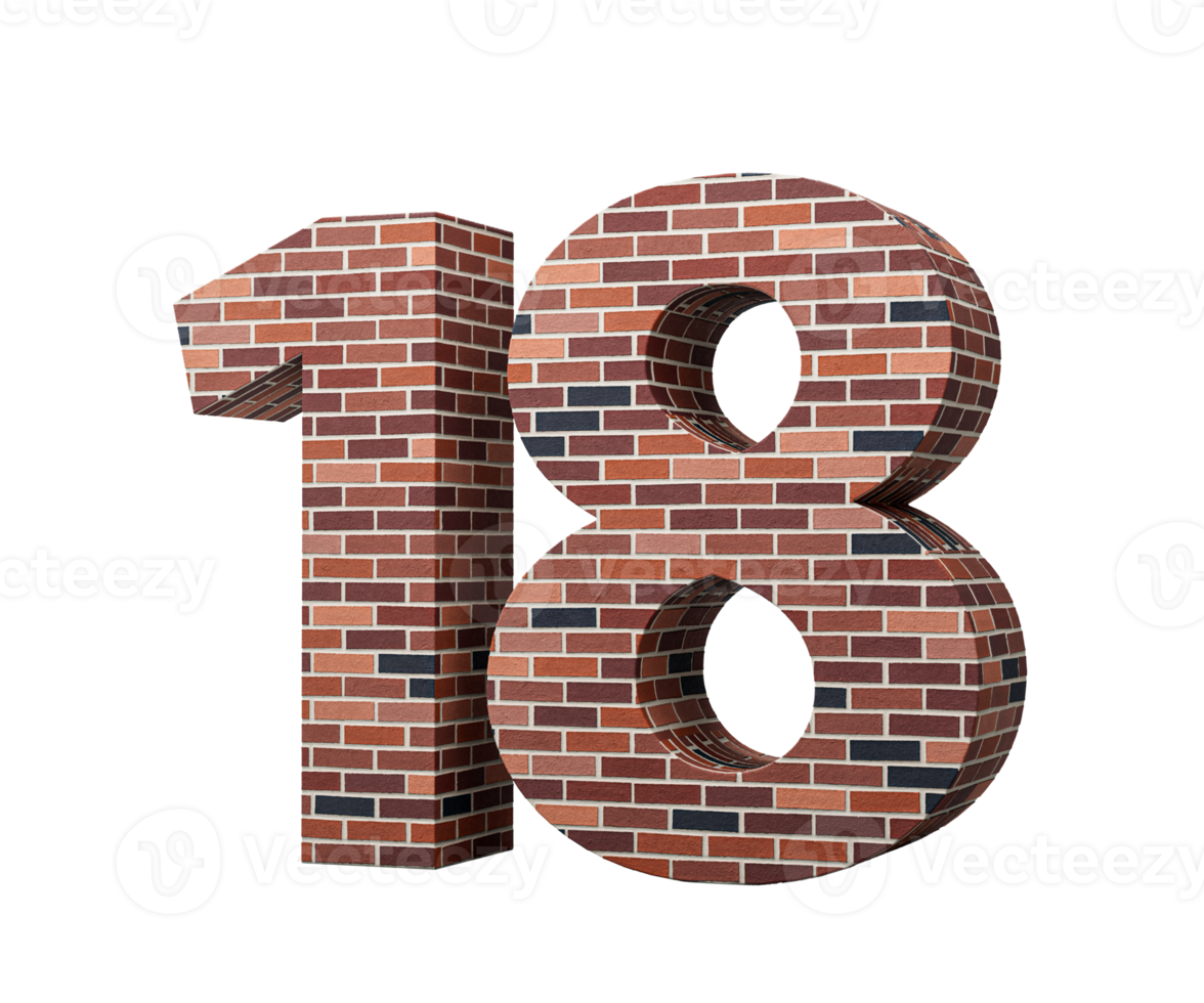 Bricks Wall Number Eighteen 18 Digit Made Of Colored Wall Of Bricks Background 3D Illustration png