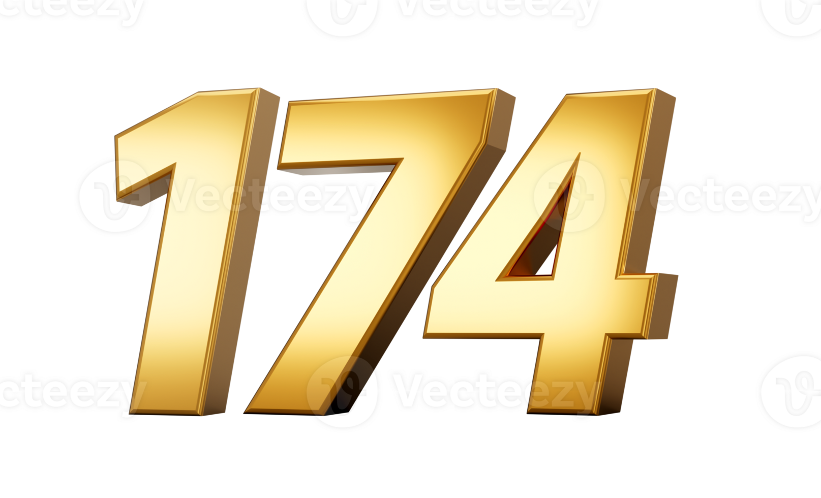3d number 174 one hundred seventy four Gold text with reflection 3d illustration png