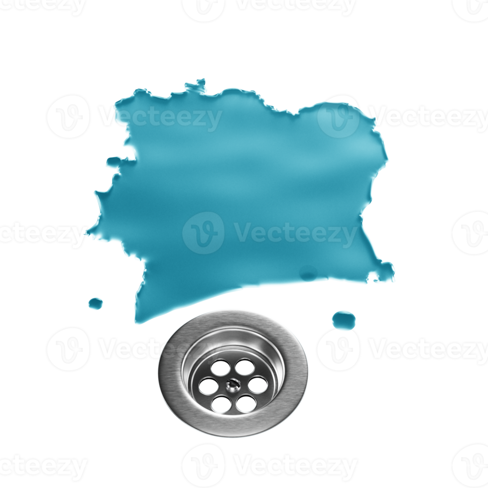 Ivory Coast Water Map With Drainage Metal Sink Save Water And Water Wastage Concept 3D Illustration png
