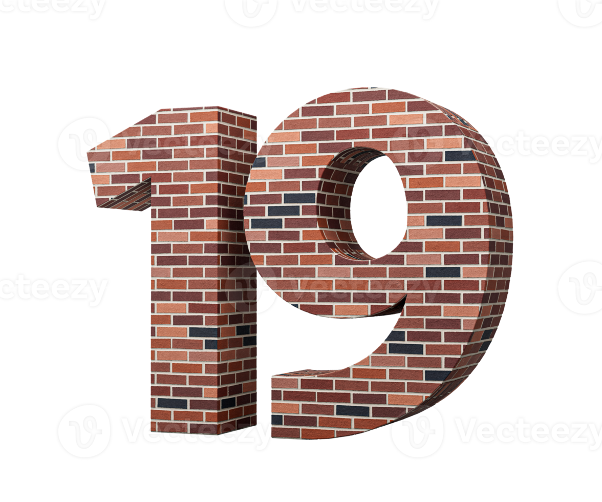 Bricks Wall Number Nineteen 19 Digit Made Of Colored Wall Of Bricks White Background 3D Illustration png