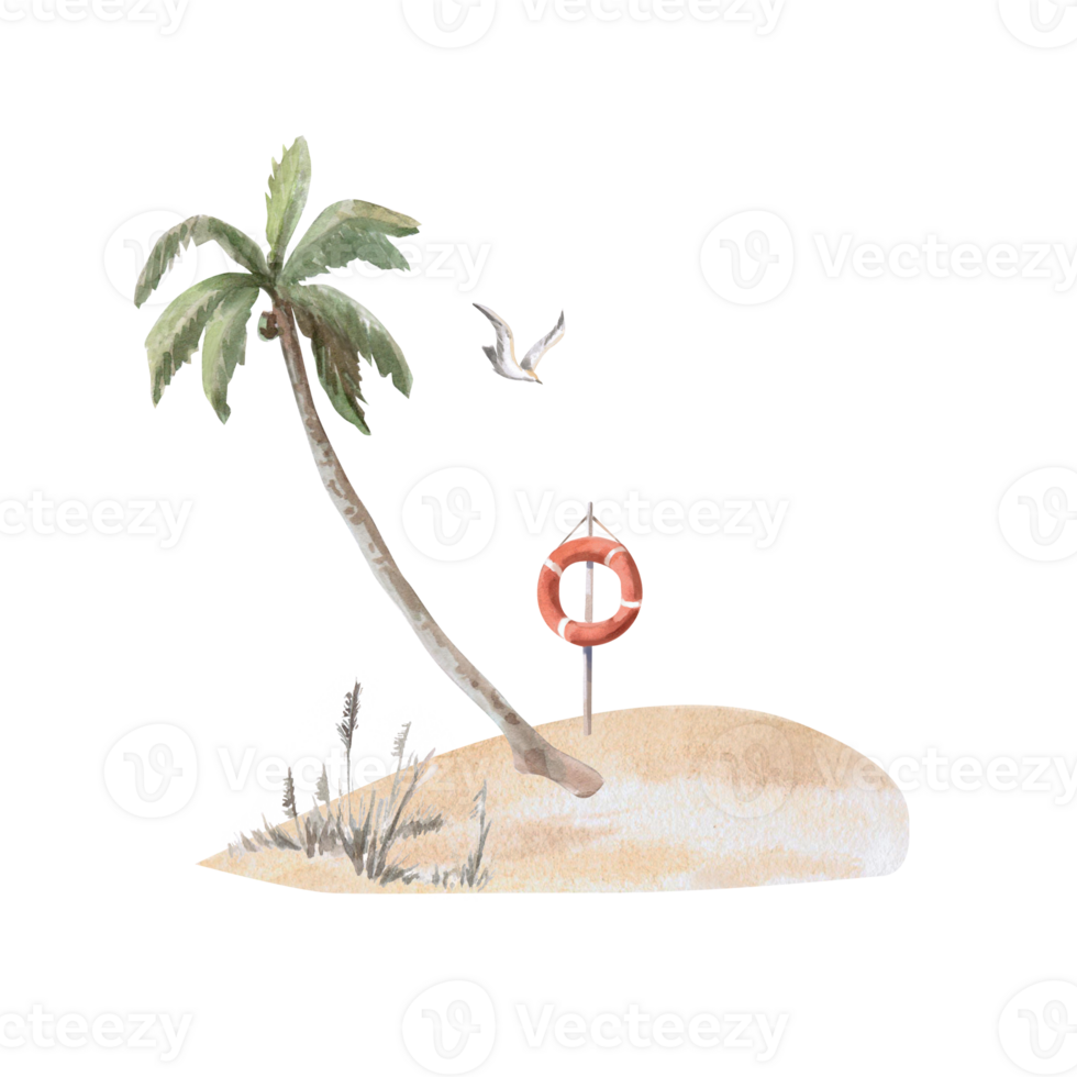 Landscape with lonely palm tree on sand, lifebuoy and seagull. Isolated watercolor illustration for postcard design, tourist posters, interior of seafood restaurants. png