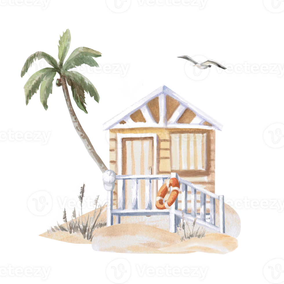 Beige beach house on the sand. Isolated watercolor hut illustration for seaside cafes design, theme parties, poster and clothing printing. png