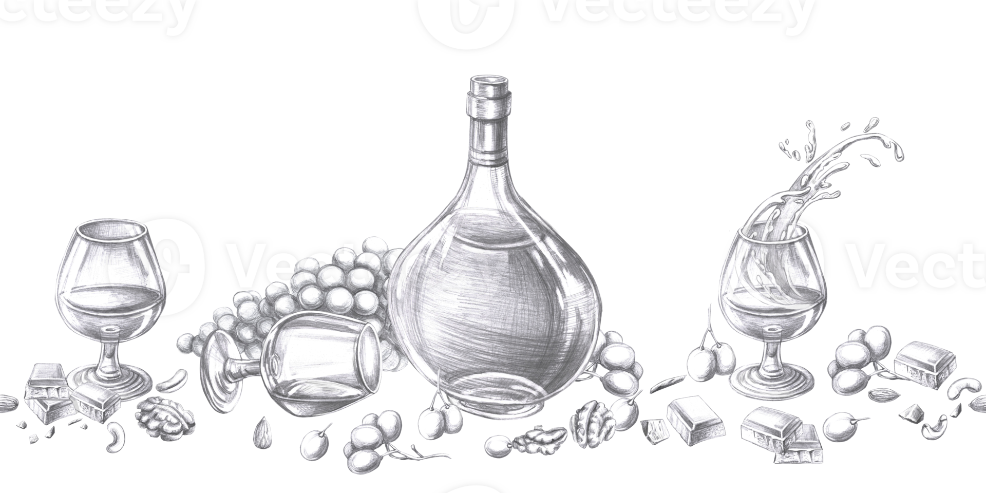 Seamless border with glasses of cognac, bottle and various snacks. Isolated pencil illustration on alcohol theme for restaurant interior design, menu, culinary magazines. png