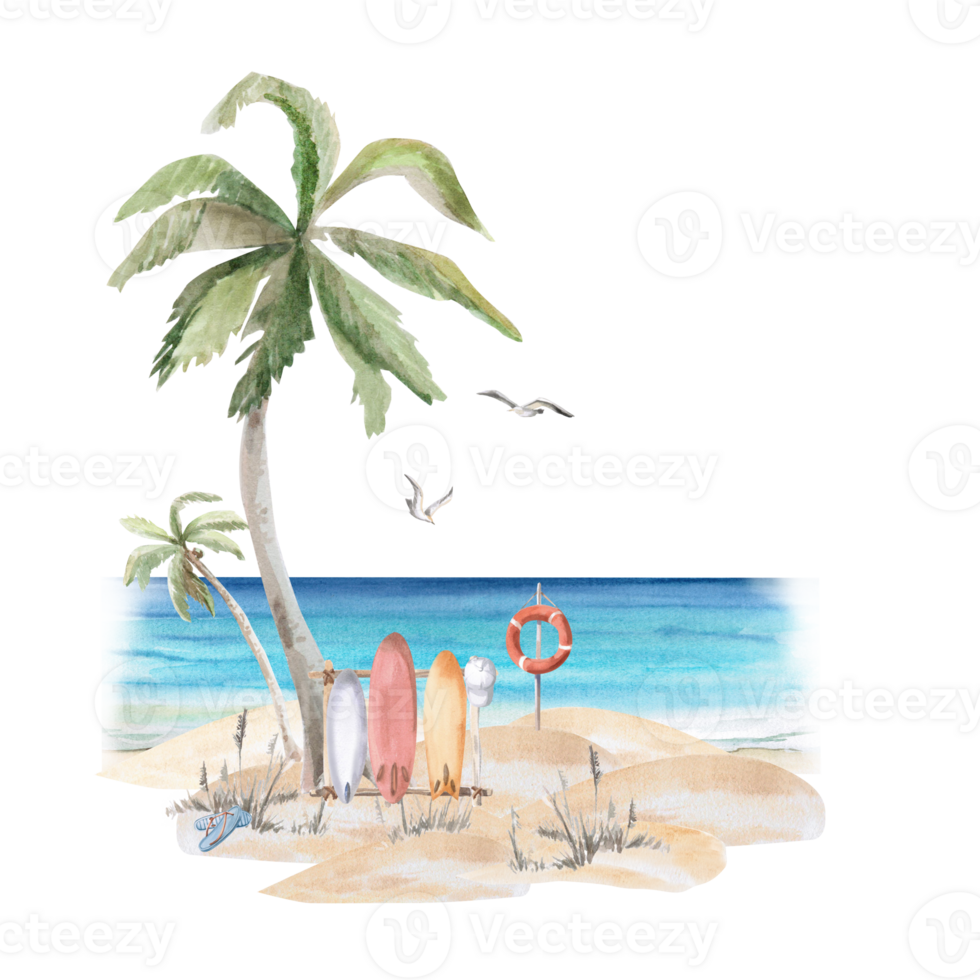 Landscape with palm tree and sea in the background. Isolated watercolor illustration of summer holiday attributes for postcard design, summer restaurant design, printing of tourist brochures png