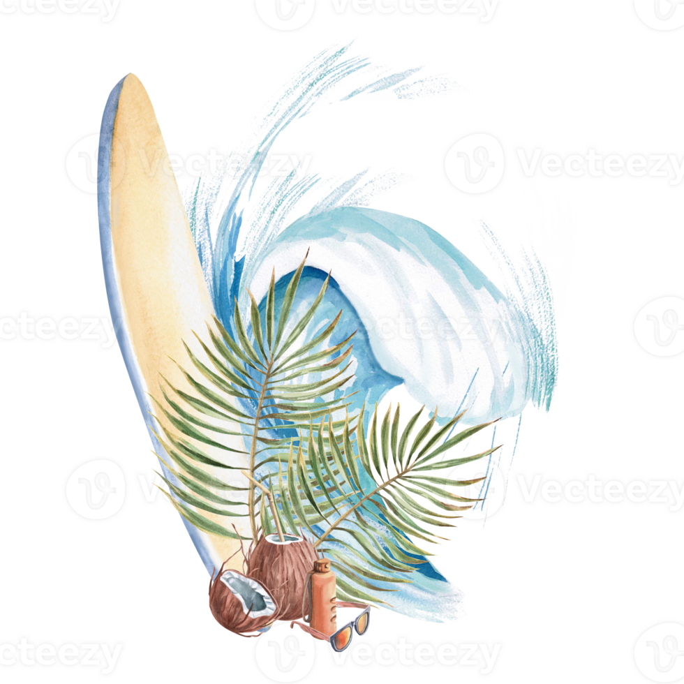 Composition with surfboard, coconut, leaves and wave. Isolated watercolor illustration of summer holiday attributes for postcard design, summer restaurant design, printing of tourist brochures. png