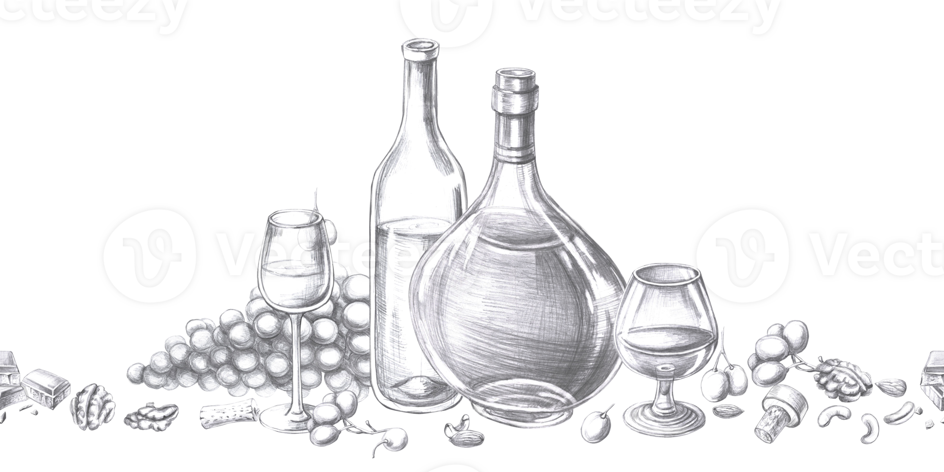 Seamless border with wine and cognac glasses and bottles. Isolated pencil illustration on an alcohol theme for restaurant interior design, menus, culinary magazines. png
