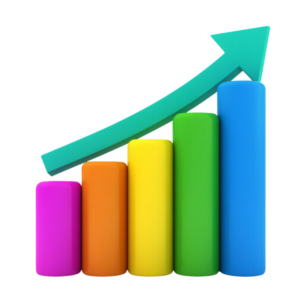 A stylized graph with five vertical bars of varying heights representing data or statistics. png