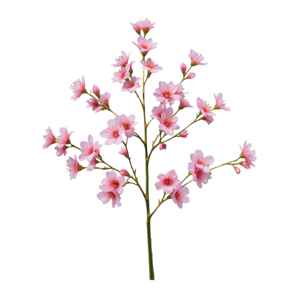 Delicate branch of flowers characterized by small clusters of pink blossoms. png