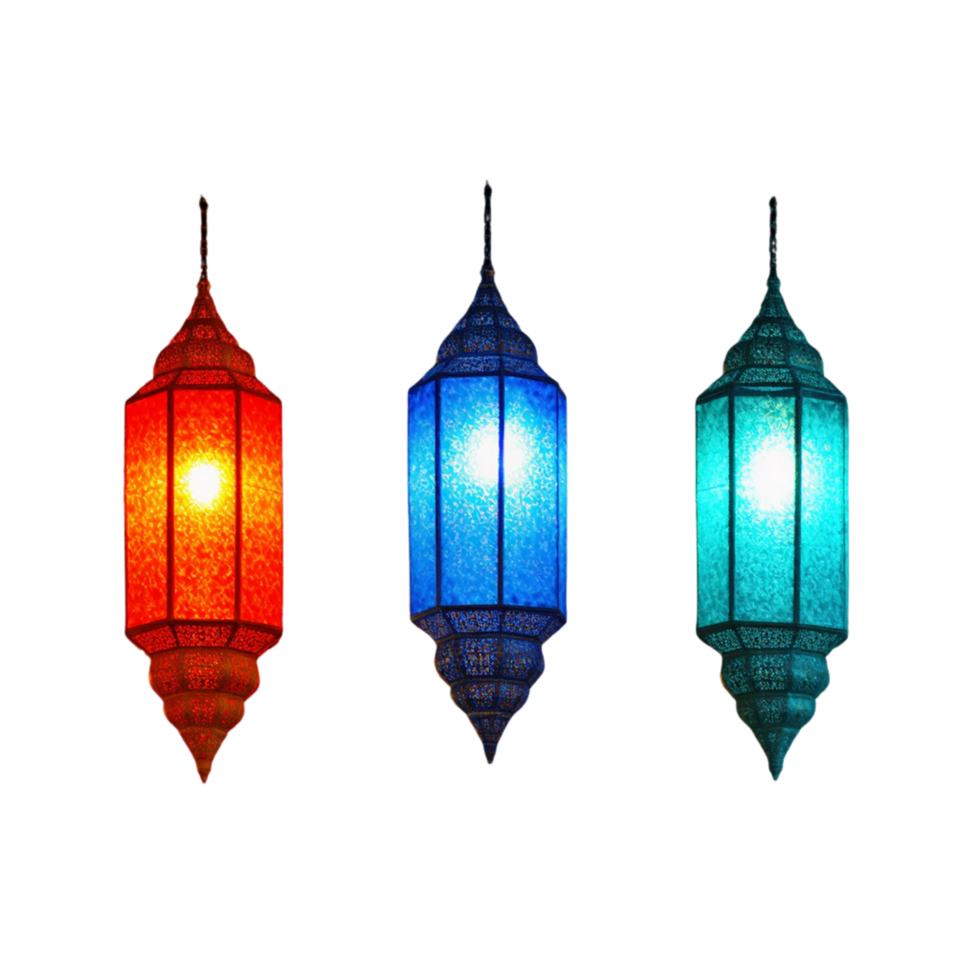 3 hanging lanterns carefully aligned from left to right in red, blue, and turquoise hues. png