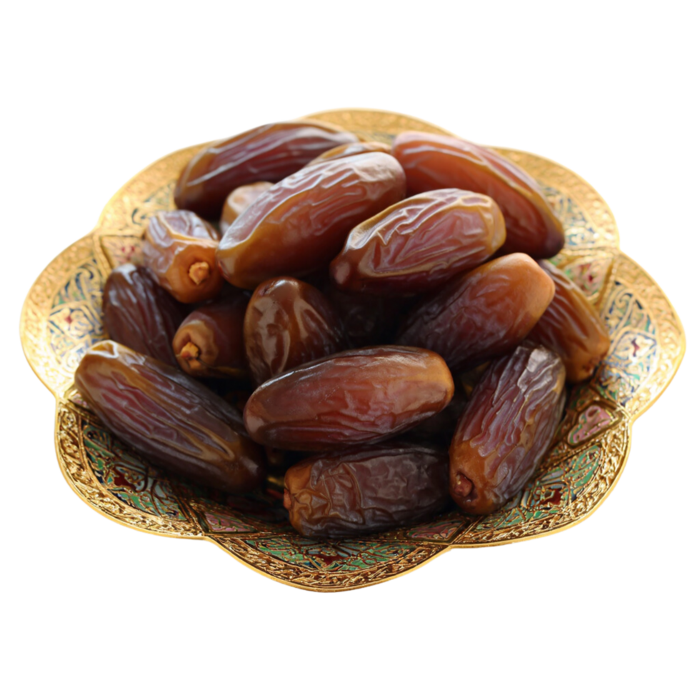 Ornate golden bowl filled with glossy dark brown dates. png