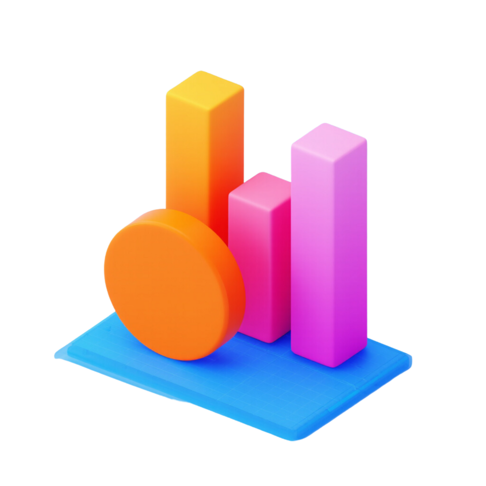 3D bar chart composed of various geometric shapes. png