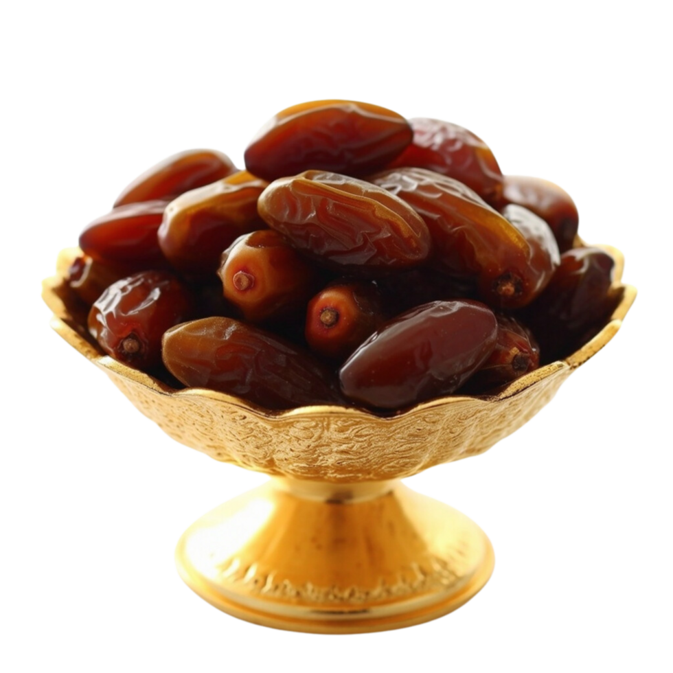 A ornate golden bowl filled with glossy dark brown dates. png