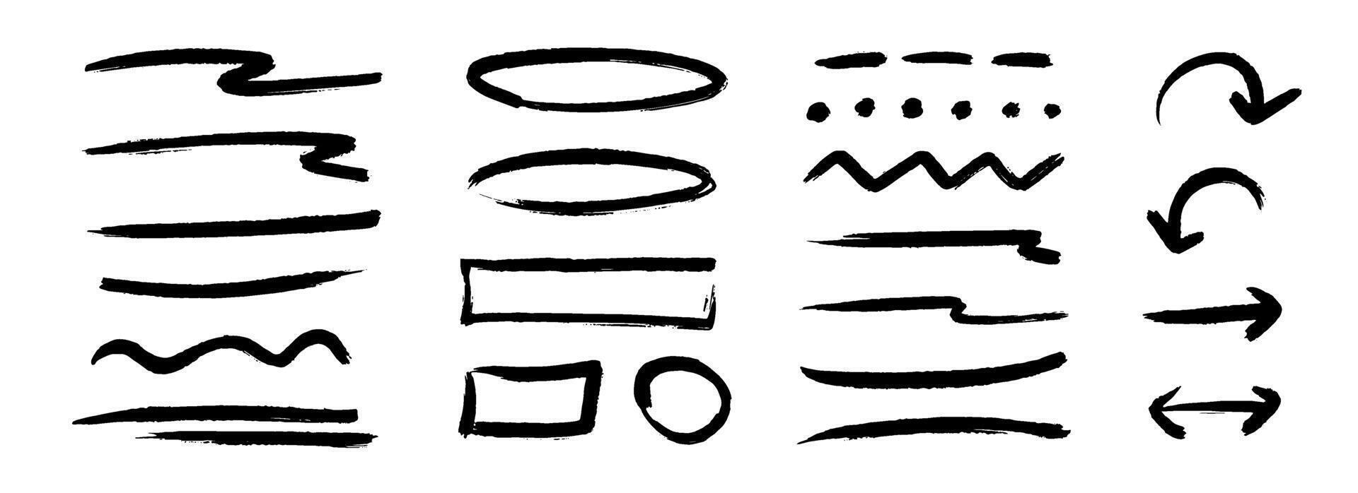 Black charcoal hand drawn shapes and frames set. Straight and curved paintbrush line set. Rough Sketch stripes and forms for diagram, highlight, underline, emphasis. Scribbled crayon strips vector