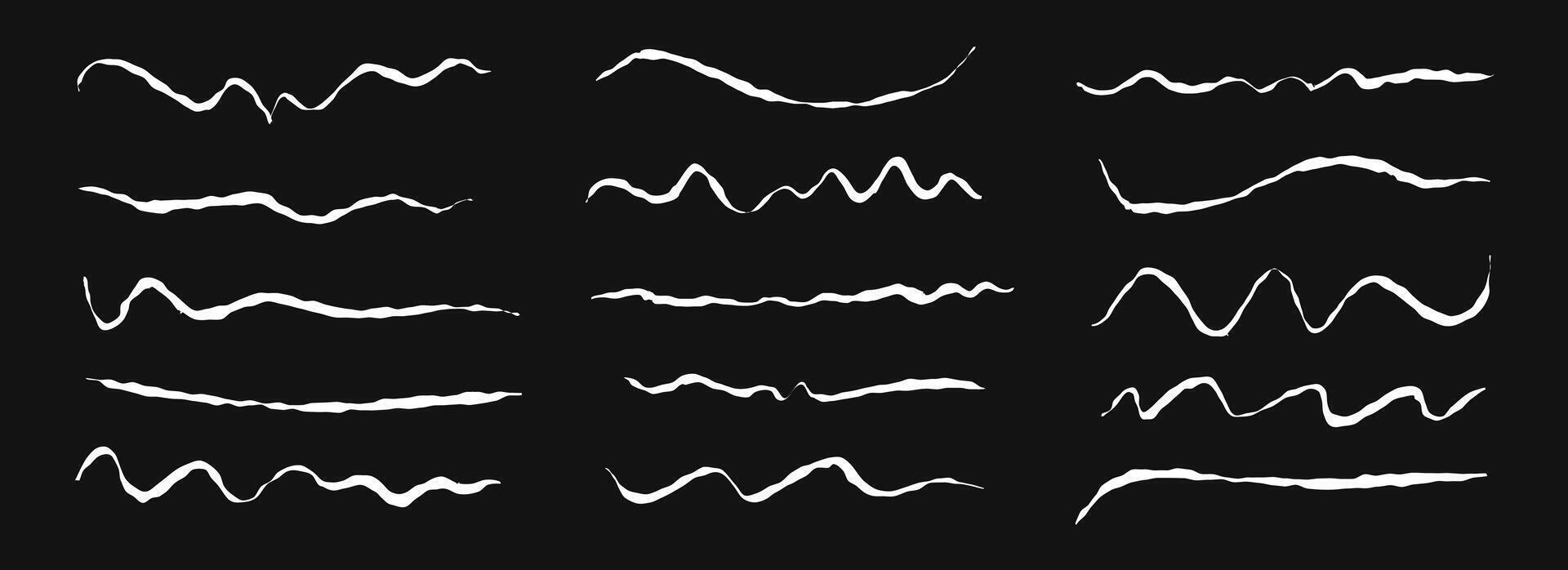 Hand drawn chalk wavy lines set. White pastel squiggle underlines and strokes collection. Crayon wave brushstroke bundles. Rough sketch marks and highlights for divide, separate and emphasis vector