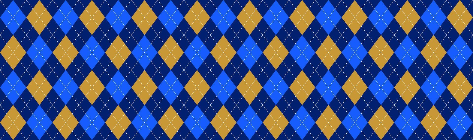 Blue yellow seamless argyle pattern. Navy rhombus repeated texture wallpaper. Masculine stitched diamond background for textile design, fabric swatch, scarf cloth, suit print. Wide backdrop vector