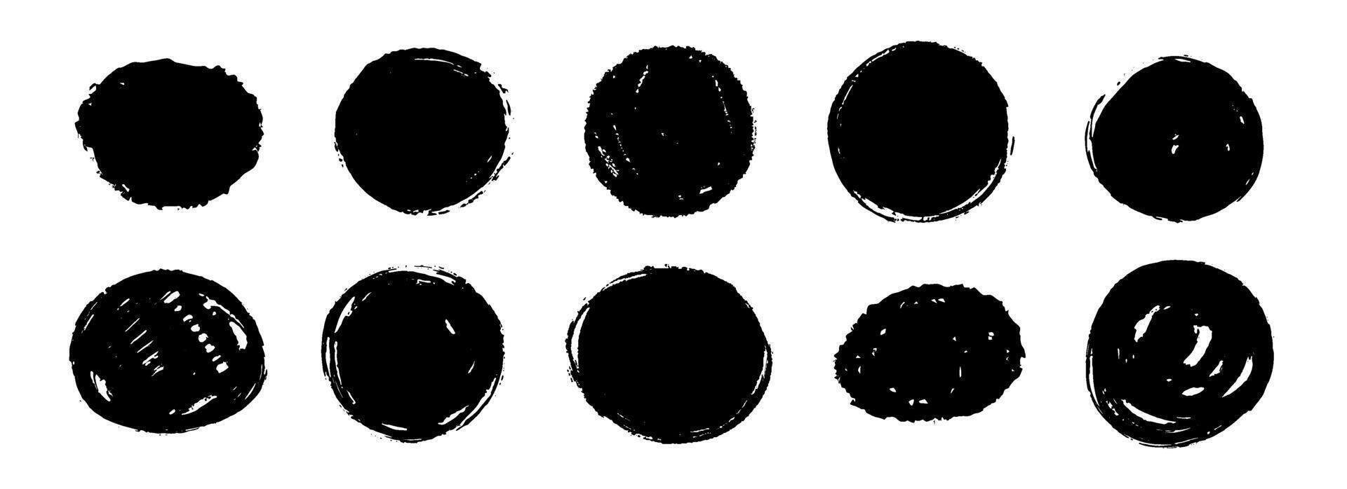 Round dried paint stains set. Textured brush stroke radial element pack. Black grunge ink circle collection. Hand drawn charcoal blobs for frame design, template, poster, banner. Circular spots vector