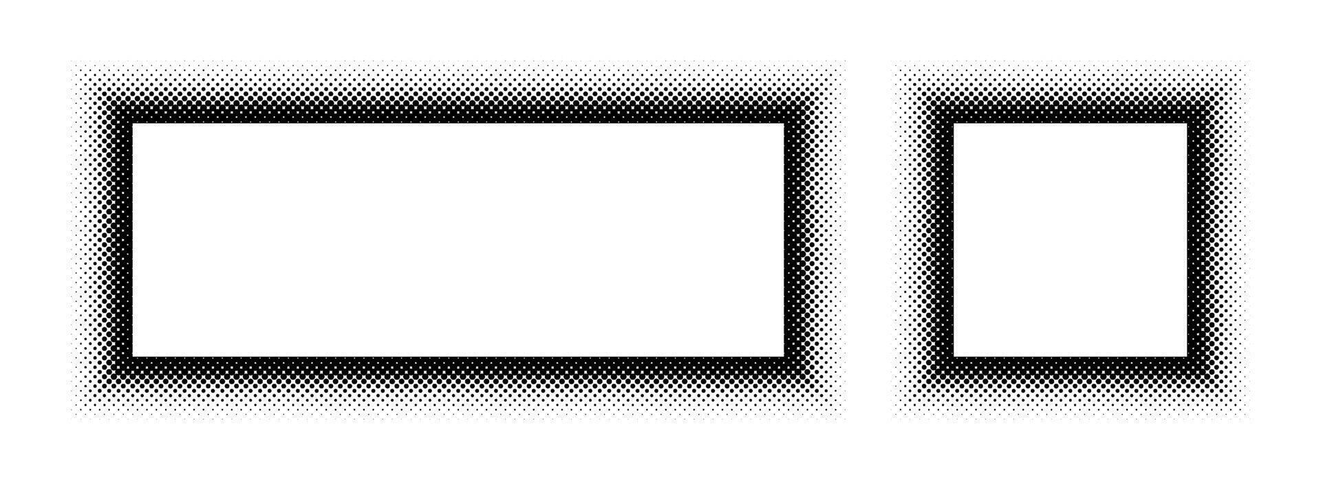 Black halftone rectangle and square frame set. Dotted gradient border collection. Pop art comic picture holder design for banner, copy space, emblem, poster. Rasterized framing element back vector