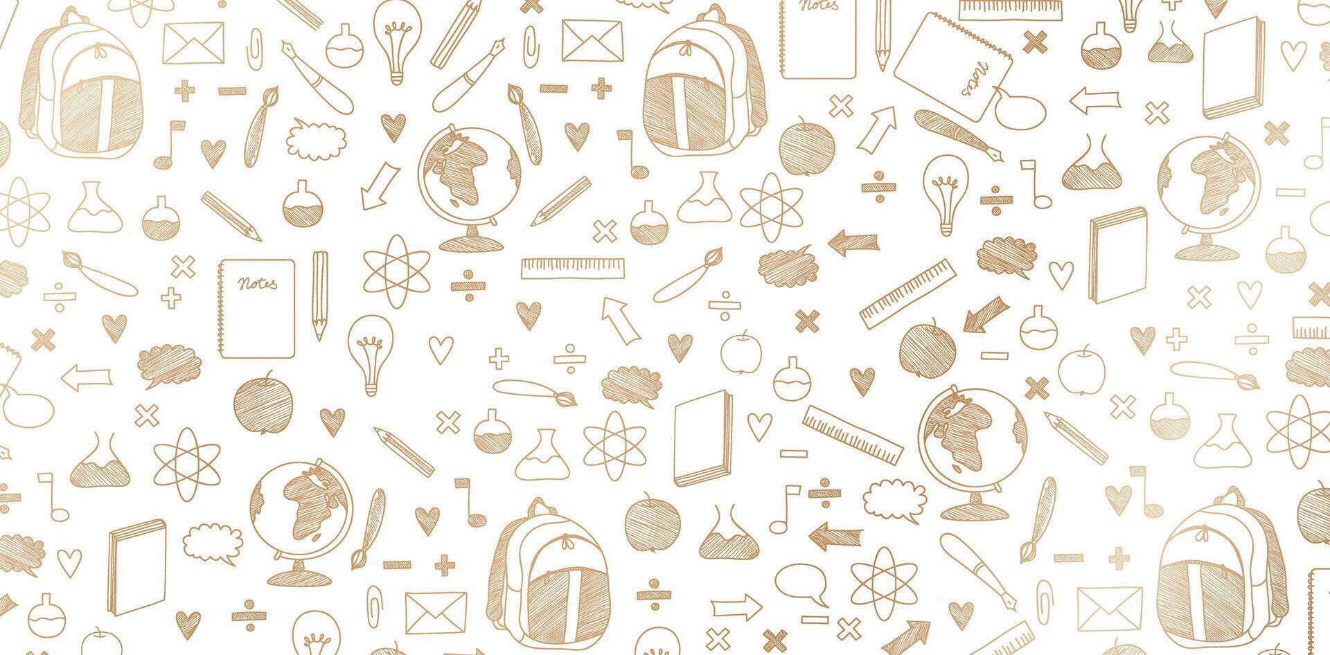 Back to school patterns hand drawn doodle line art golden colors isolated white backgrounds for textile wallpapers, books cover, Digital interfaces, prints templates material cards invitation vector