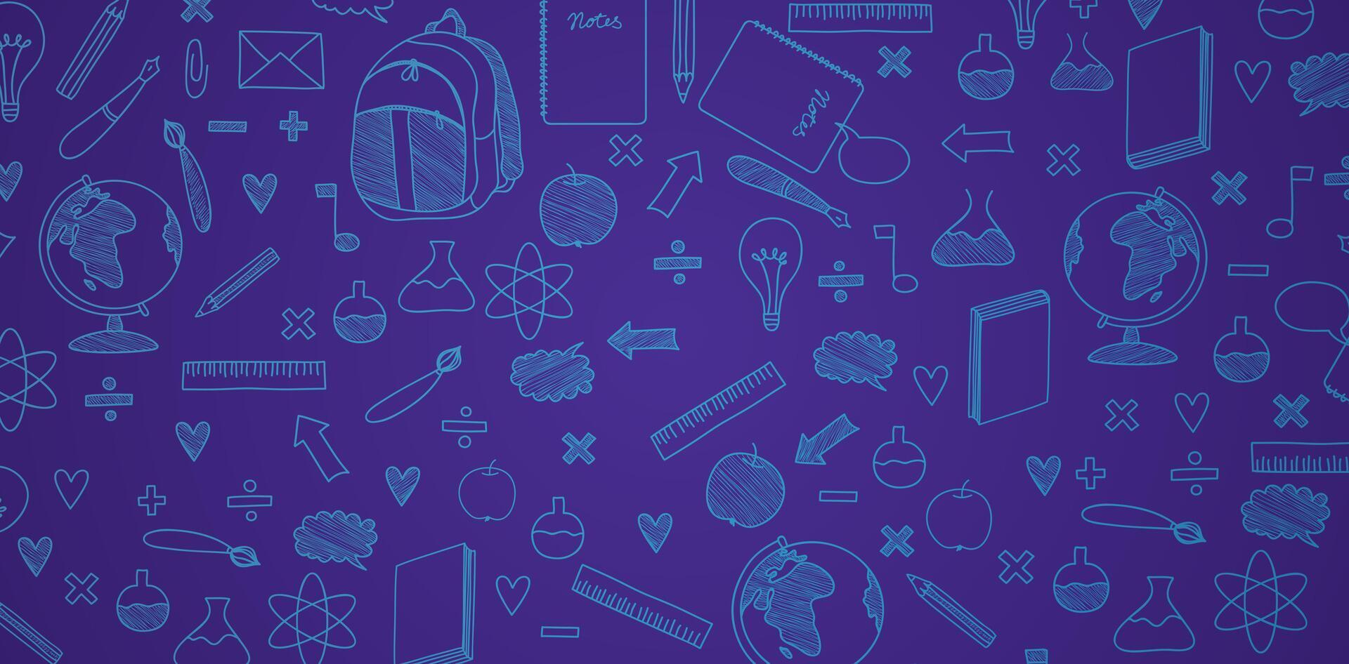 Back to School Pattern with School Items dark blue colors backgrounds for textile wallpapers, books cover, Digital interface, print templates material cards invitation, flyer, banner, poster, brochure vector