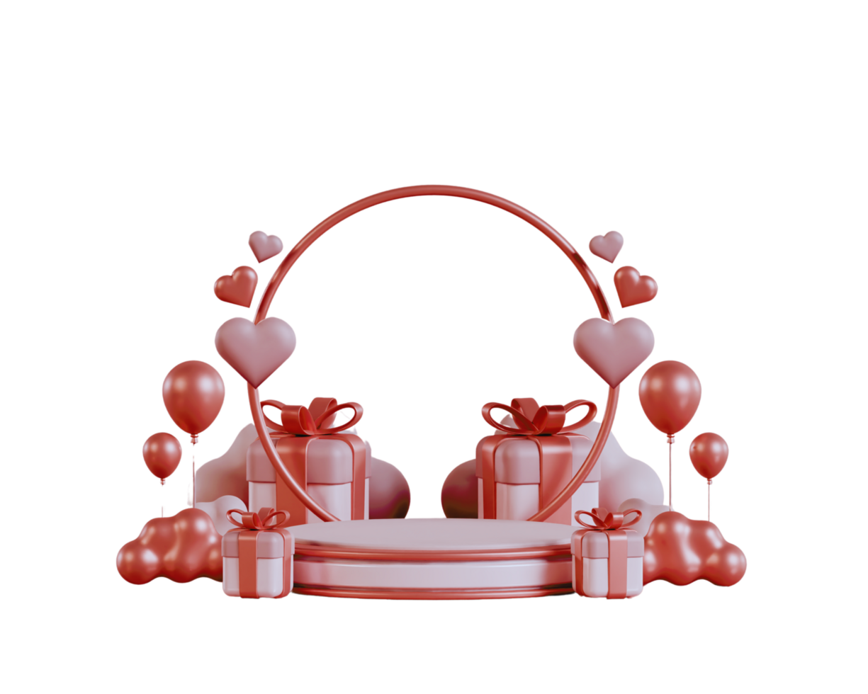 A round podium with presents and balloons isolated on a transparent background png