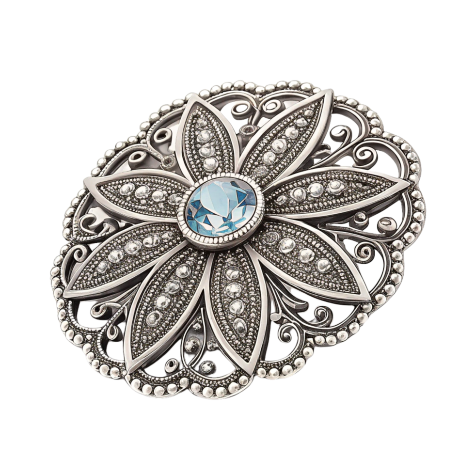 A silver brooch with a blue stone in the center isolated on a transparent background png