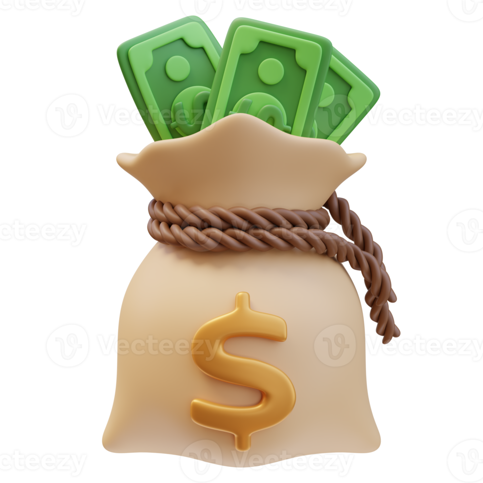3D Rendering Money Bag with Banknotes Dollar Sign png
