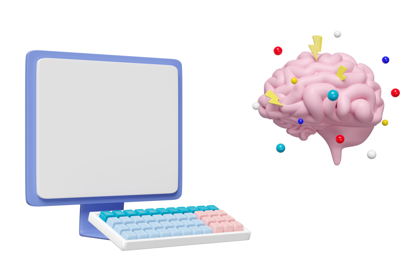 Computer with brain isolated. brain health check concept, 3d illustration render png