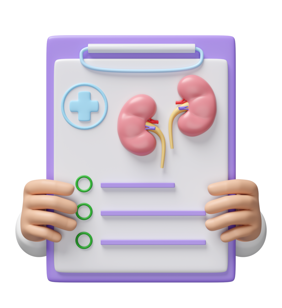 3d doctor hand holding check list for health with kidney isolated. health check report, medicare concept, 3d illustration render png