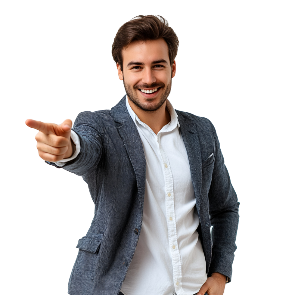 a man in a suit pointing at something png