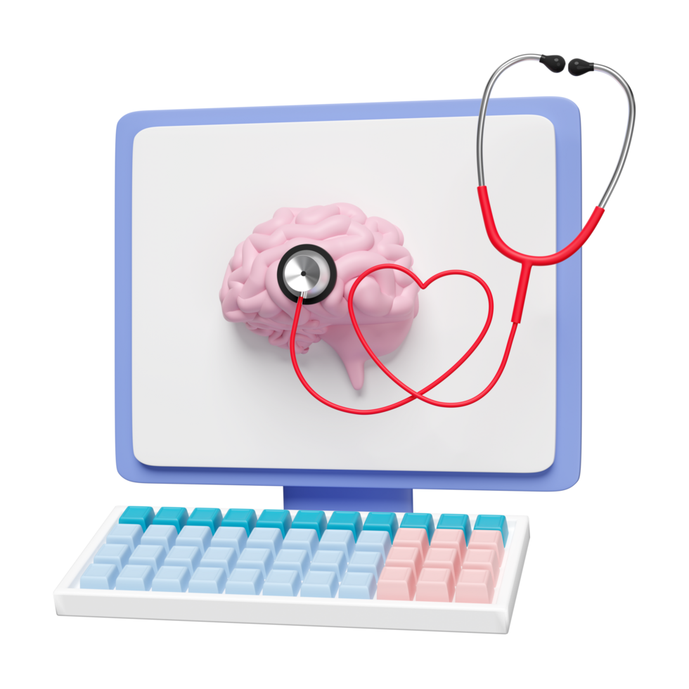 Computer display brain with stethoscope isolated. brain health check concept, 3d illustration render png