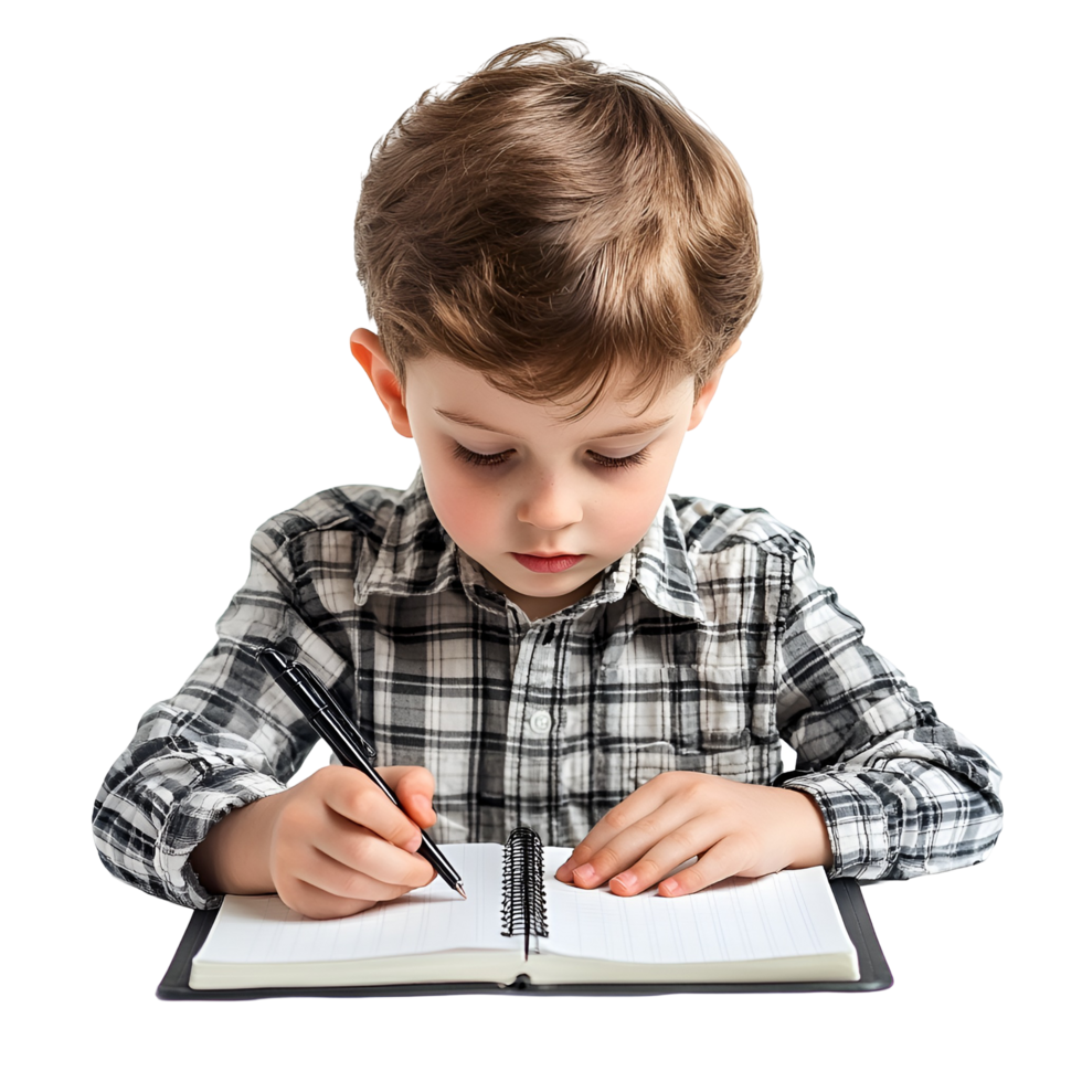 a young boy is writing in a notebook png