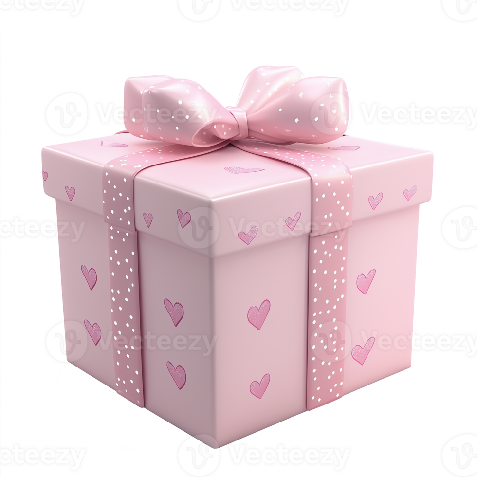 3D gift box isolated on transparent background. Pink festive box decorated with hearts and shiny bow. For Valentine's Day, Birthday and other greetings. png