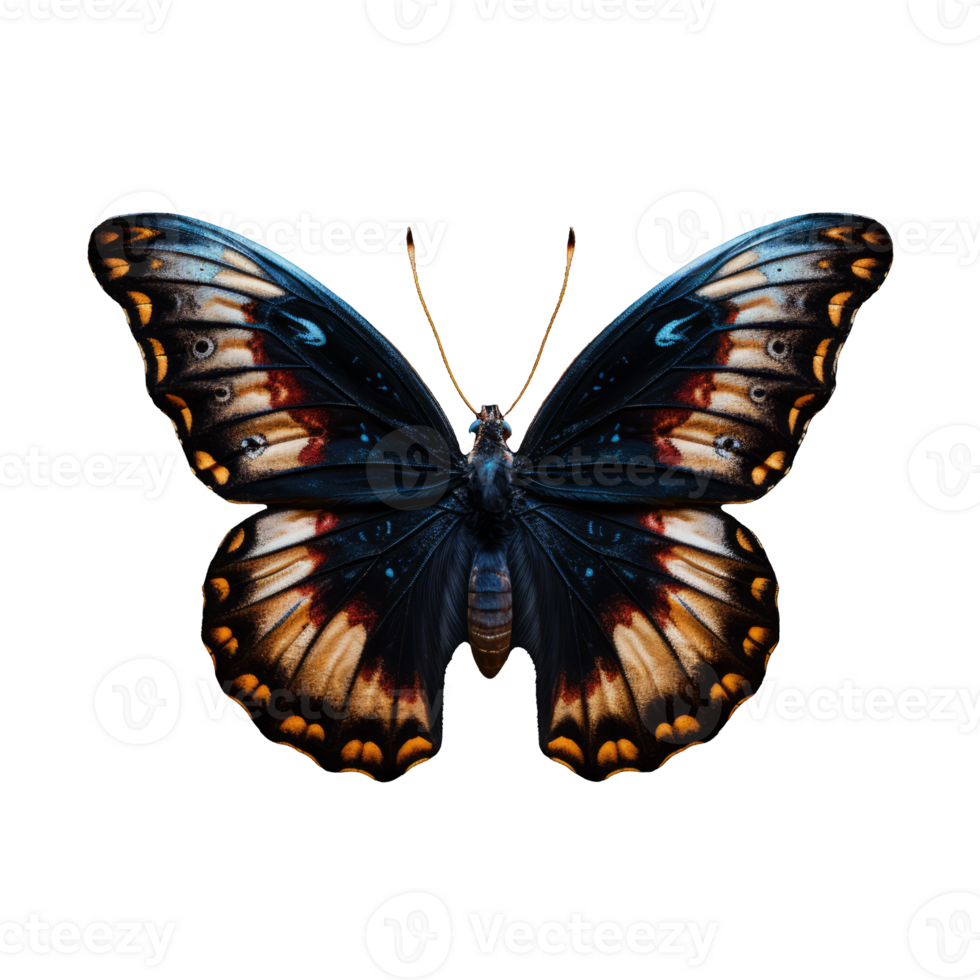 Whispers of Midnight A Stunning Butterfly with Dark Wings Adorned in Orange and White Patterns, Gracefully Floating on a Transparent Canvas. png