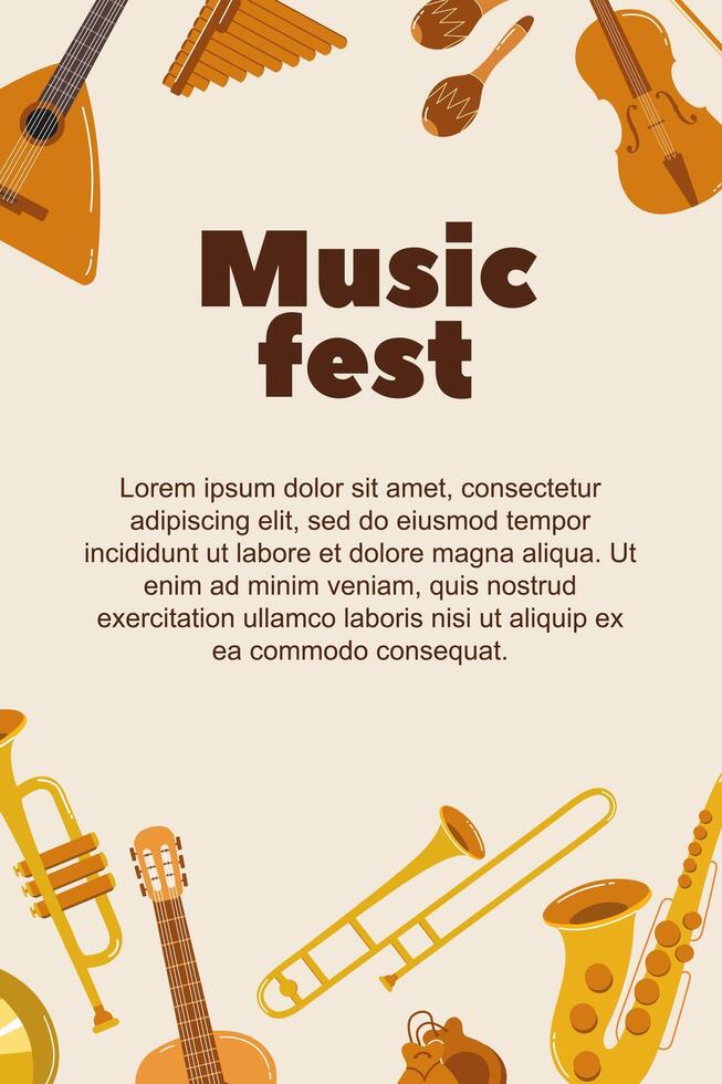 Music fest celebration featuring diverse instruments and vibrant designs in a lively atmosphere vector