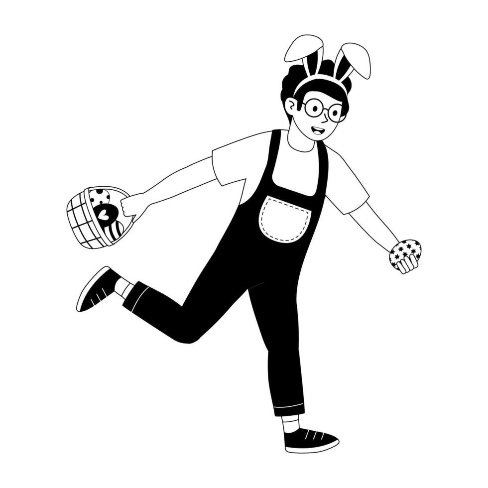 Child with bunny ears and a basket enjoying an outdoor egg hunt during spring festivities vector