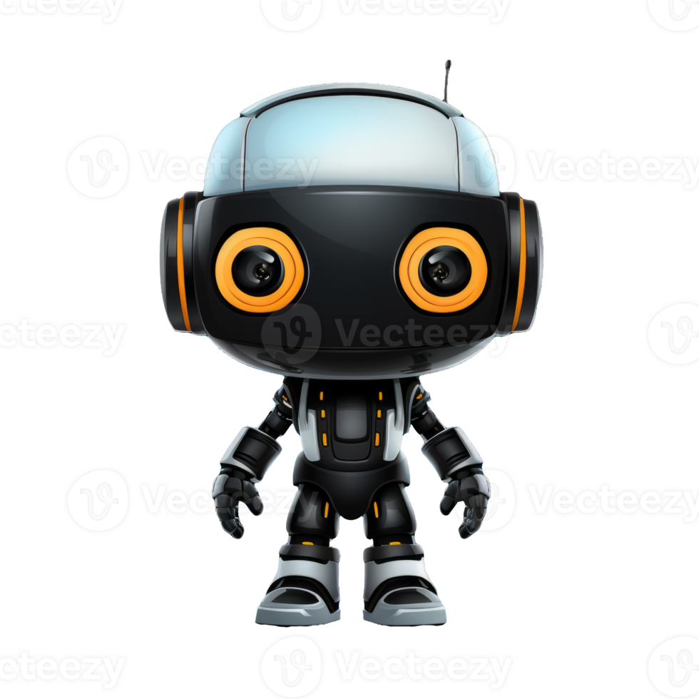 Whimsical Futuristic Charm A small, shiny robot with oversized orange eyes and sleek metallic limbs, poised on a transparent backdrop, invites wonder and imagination. png