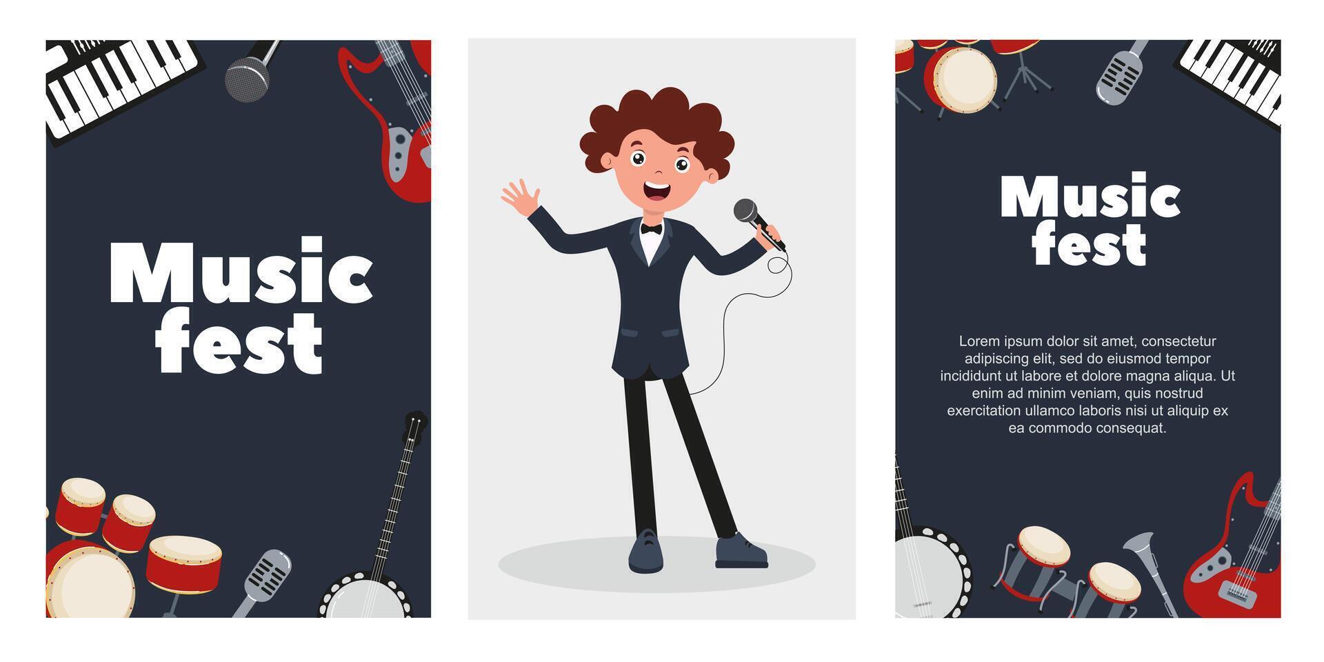 Music fest celebration with joyful performer and instruments in colorful design vector