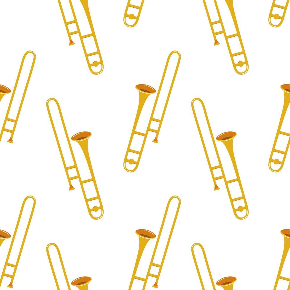 Bright yellow trombone pattern on a white background suitable for music-themed designs vector