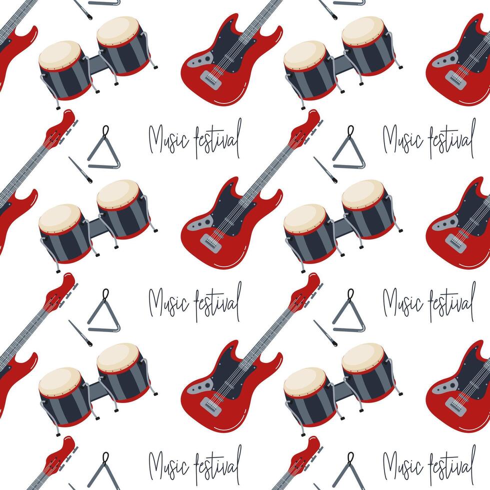 Red instruments and musical notes decorate background for music festival theme vector