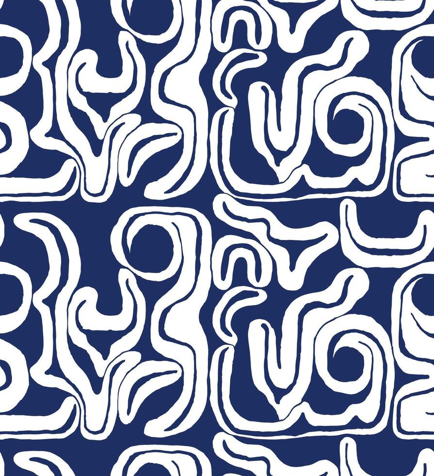 Seamless hand drawn brush line abstract tribal pattern, Japanese and ethnic folk hand paint, block print, texture surface background in blue and white, simple graphic for fabric, stationary, gift wrap vector
