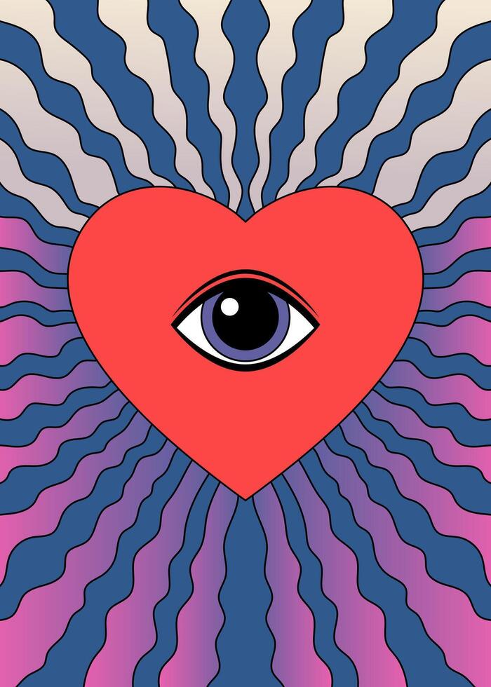 Surreal Psychedelic Heart with an All-Seeing Eye and Radiating Waves vector