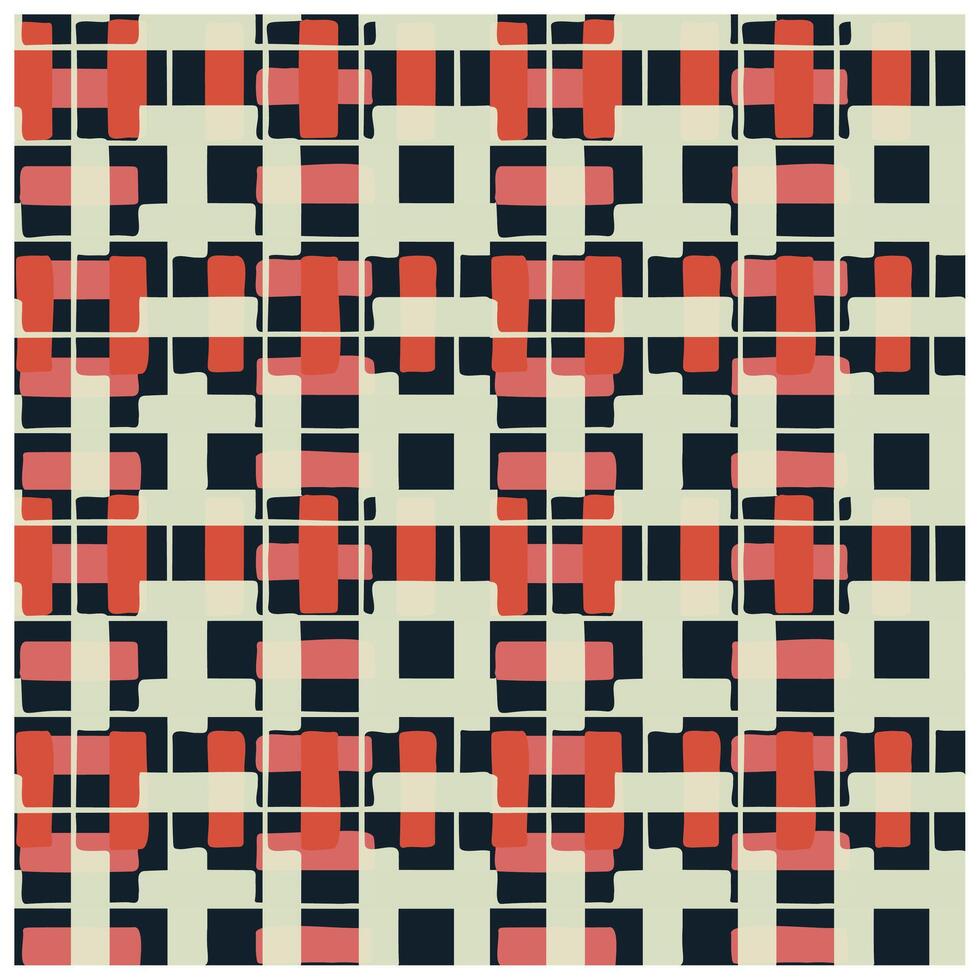 Geometric pattern featuring overlapping rectangles in warm reds and blacks on a light cream background, creating a modern abstract design. vector
