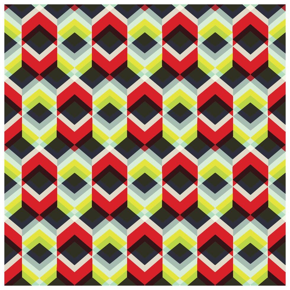 Colorful geometric pattern featuring overlapping chevron shapes in red, green, black, and light blue on a white background, it could be used as a wallpaper, fabric design, pillow, bag vector